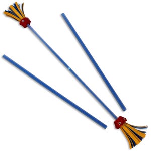 May include: Three blue sticks with yellow and blue tassels on the ends. The tassels are attached to a red piece of fabric.