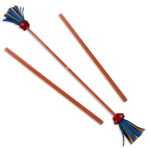 May include: Three red and orange juggling sticks with blue and yellow streamers attached to the ends.