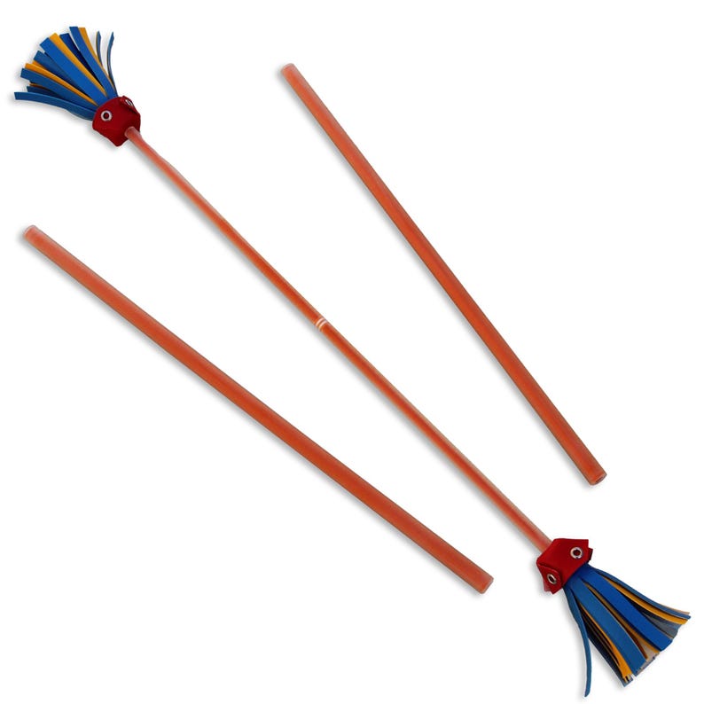 May include: Three red and orange juggling sticks with blue and yellow streamers attached to the ends.