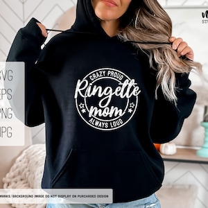 May include: A black hoodie with a white circle graphic that says "Crazy Proud Ringette Mom Always Loud".