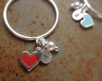 Enamel heart ring with a tiny pearl and charm initial