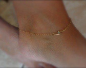 Gold Evil eye anklet bracelet with a touch of enamel - 14K  gold-filled chain