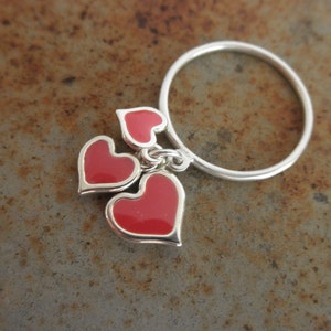 Hearts dangle ring sterling heart ring red enamel heart enamel heart dangles valentine 925 solid sterling silver image 1