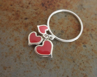 Hearts dangle  ring - sterling heart ring - red enamel heart - enamel heart dangles - valentine - 925 solid sterling silver -