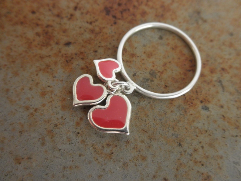 Hearts dangle ring sterling heart ring red enamel heart enamel heart dangles valentine 925 solid sterling silver image 1