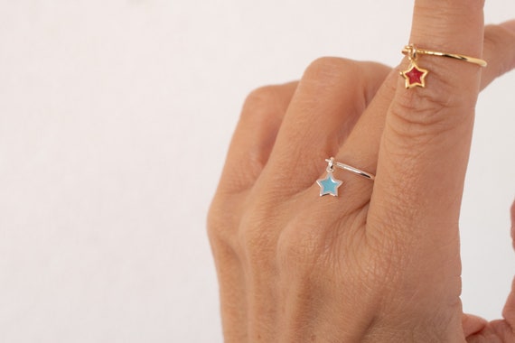 Enamel Star Dangle Ring: Sterling Silver Celestial Jewelry