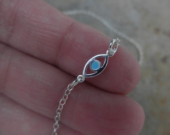 Evil eye anklet with a touch of enamel sterling silver - tiny evil eye - evil eye anklet - protection anklet - aqua evil eye -