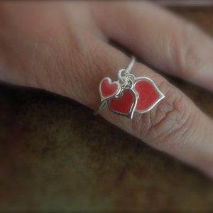 Hearts dangle ring sterling heart ring red enamel heart enamel heart dangles valentine 925 solid sterling silver image 2
