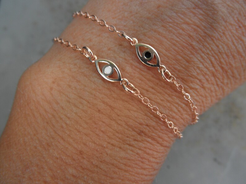 Rose gold Evil eye bracelet with a touch of enamel with rose gold filled chain image 1