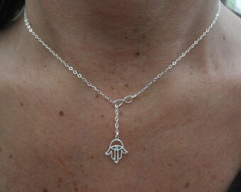 Hamsa hand lariat necklace with tiny infinity
