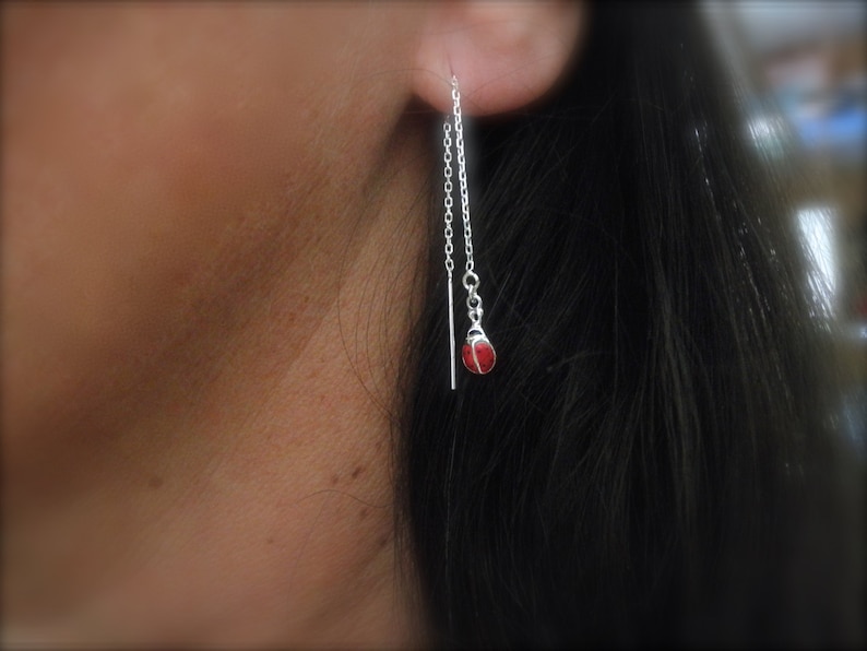 Ladybug ear thread earrings sterling ladybug earrings enamel ear threader chain earrings enamel jewelry choose color image 3