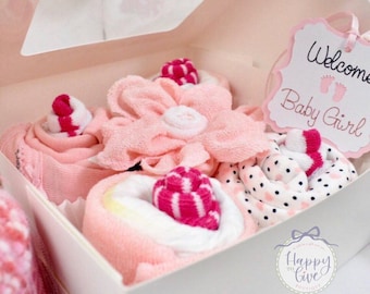 Baby Girl Gift Set: Bodysuit Cupcake Box, Shower Gift Basket