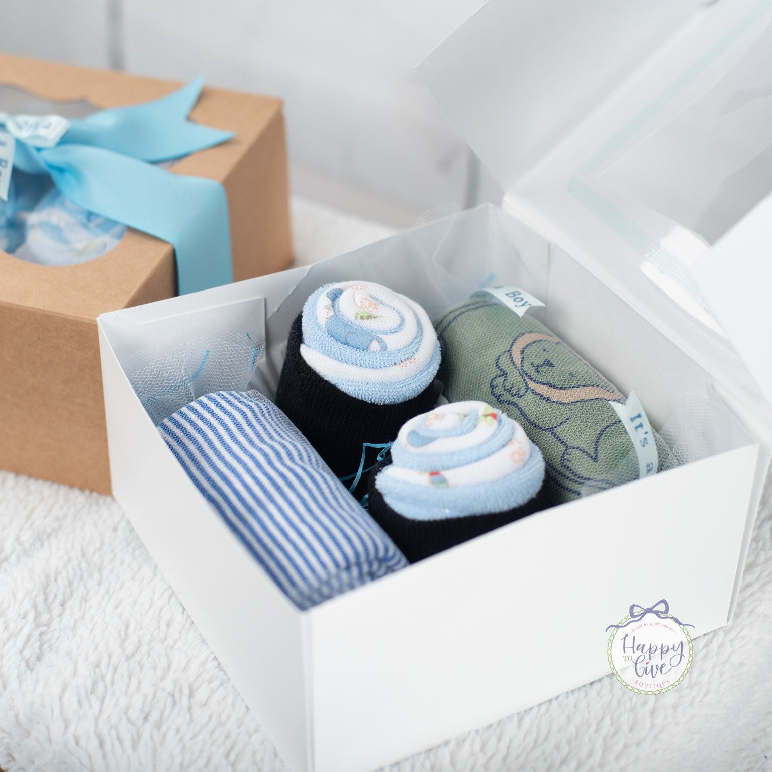 New Baby Boy Gift Box: Bodysuits, Socks, Washcloths, Shower Gift