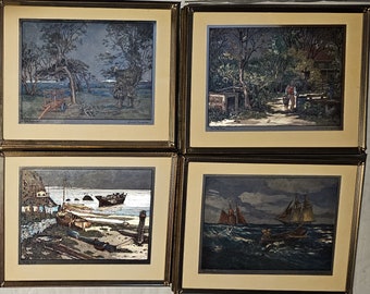 Lionel Barrymore Etched Foil Prints, Metal Frames, Signed by Lionel Barrymore, Framed Set of 4