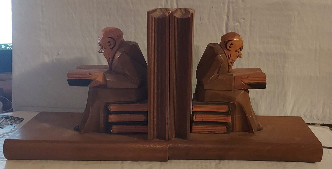 Vintage Monk Folk Art Bookends Friar Figurines Hand Carved Etsy