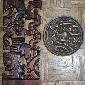 Aztec, Mayan Themed Hand Carved Wooden Wall Plaques