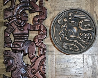 Aztec, Mayan Themed Hand Carved Wooden Wall Plaques