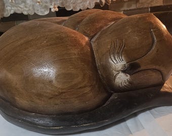 Vintage Wooden Cat Sculpture, Sleeping Cat Sculpture, Hand-Carved Sculpture, MCM Decor