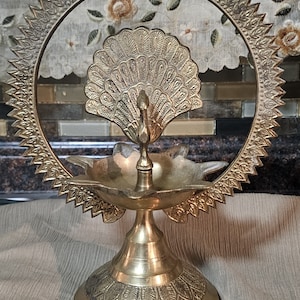 Vintage Brass, Decorative Peacock Brass Oil Lamp, Etched Brass Lidded Urn