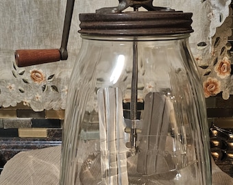 Antique Red Ball Style Butter Churn with Wooden Hand Crank and Metal Paddles No. 8, Glass Jar