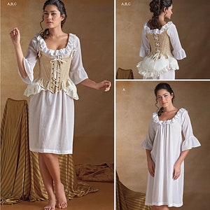 Peut inclure: Un patron de couture pour une robe blanche et un corset beige à lacets. Le patron est Simplicity 8162.