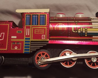 Vintage 1980s TIN FRICTION Toy Train Locomotive with Battery Operated Headlight, Train Dolls, Collectible, MF-170, Made in China