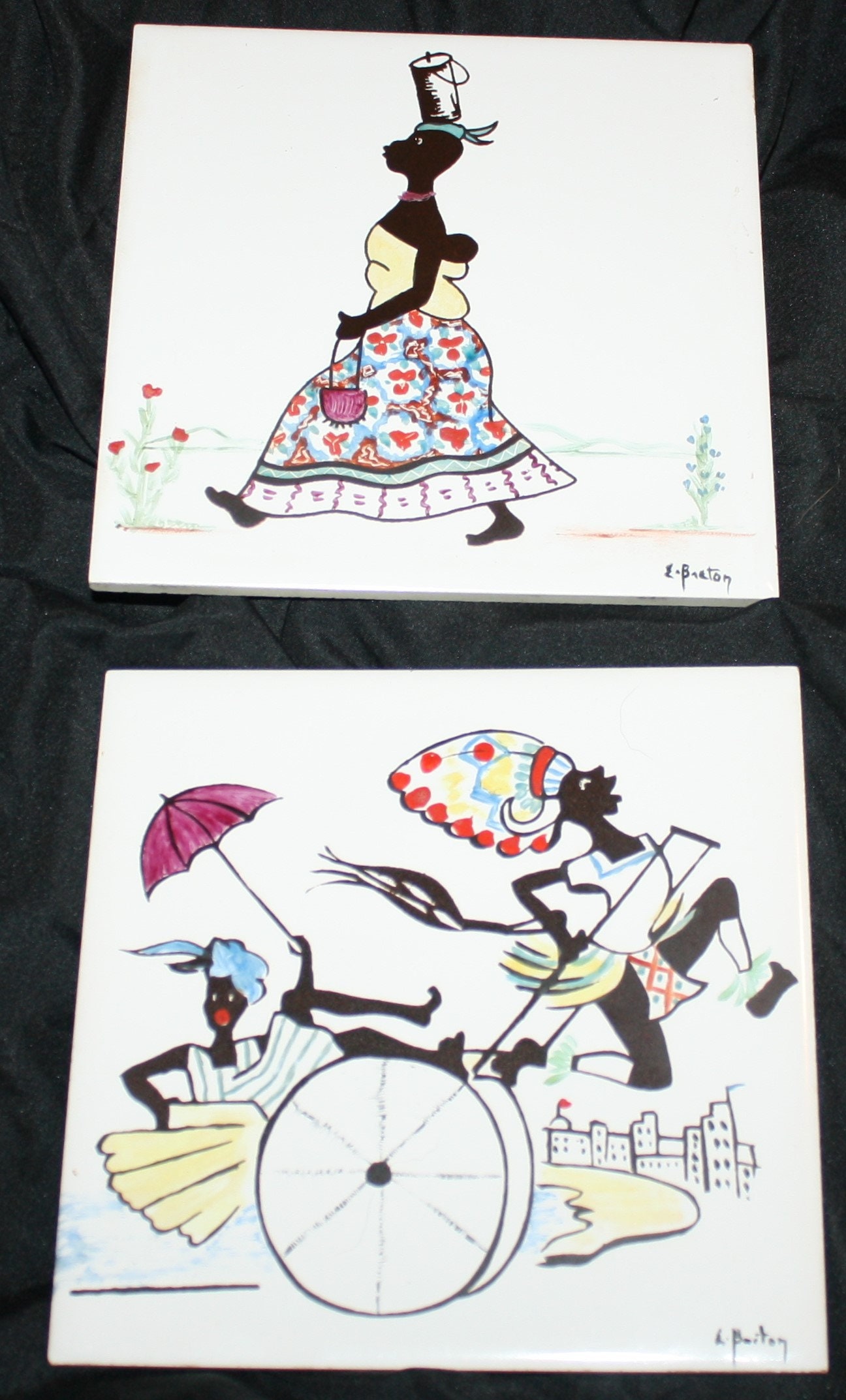 Rare Ceramic Art Tiles, Hand Painted, Native Afrikan , Johnson Tiles, South Africa, Lot of 2