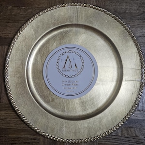 Meritage 4 Gold Lacquer Charger Plates, Dining Holiday Decor, Round with Trim, 14 inch Plate Plastic