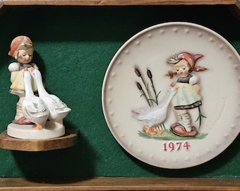 Vintage 1960s Goebel Hummel "Goose Girl" Figurine & 1970s Matching Plate w/Display Shelf