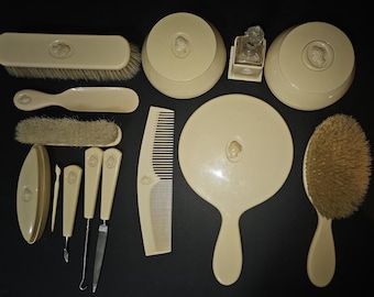 Vintage 1930's Art Deco Celluloid Dresser Vanity Set - Mirrors, Brushes, Comb, Manicure Grooming