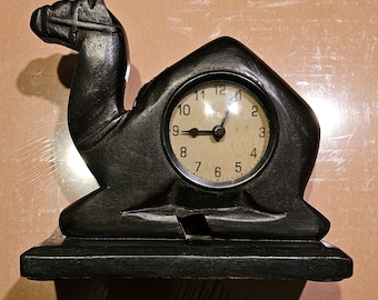 Vintage Carved Wooden Camel Mantle Shelf Clock with Dark Mahogany Finish, Made in India