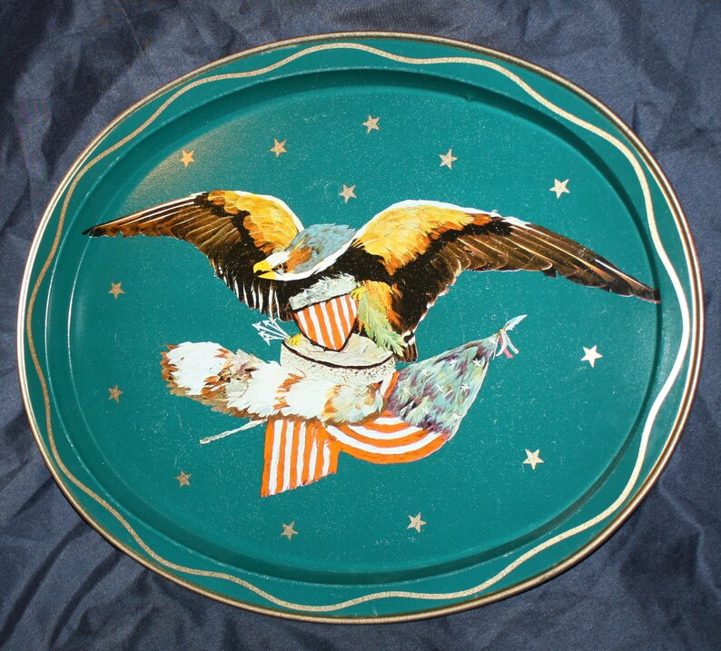 American Eagle /& Stars Design Oval Platter Vintage 1970s Metal Tin Serving Tray