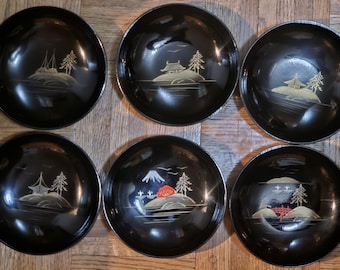 Vintage Black Lacquerware Bowls Hand Painted Gilt with Japanese Scenes, Pagodas, Trees, Boats & Birds, Lot of 6