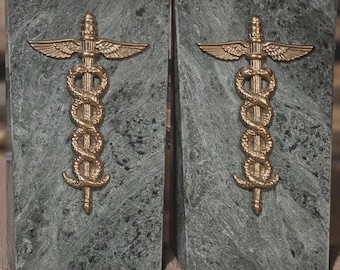 Vintage Bookends Green Marble with Brass Caduceus Medical Symbol, Staff of Hermes