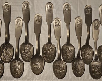 Vintage 1970's Franklin Mint Bicentennial Pewter Spoon Collection, Lot of 12