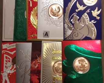 Vintage Franklin Mint Christmas Card with Bronze Coins, 1980s, Lot of 10 Cards