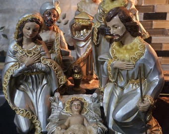 Vintage 1960s KURT S ADLER 6 Piece Nativity Set Large Gold & Silver Resin Figures