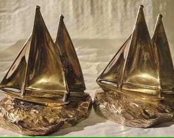 Vintage Bookends, PMC 64 B Craftsman Double Sail Sailboats Cast Brass, MCM, Pair