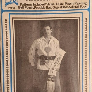 May include: A black and white photo of a man wearing a white shirt and a leather belt with a fringe. He is holding a long, fringed piece of fabric. The image is from a vintage leather accessories pattern booklet.