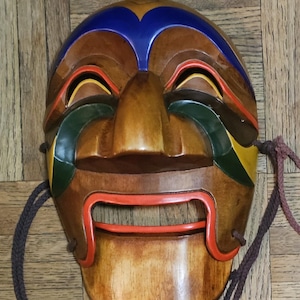 Vintage Traditional Korean Hahoe Man and Woman Hand Carved Wooden Masks, Folk Art, Theater Masks