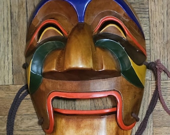 Vintage Traditional Korean Hahoe Man and Woman Hand Carved Wooden Masks, Folk Art, Theater Masks
