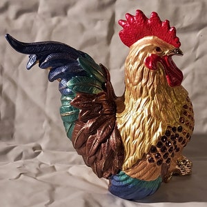 Vintage Rucinni Rooster Trinket Box w/Swarovski Crystals, Jeweled Hinged Trinket Box