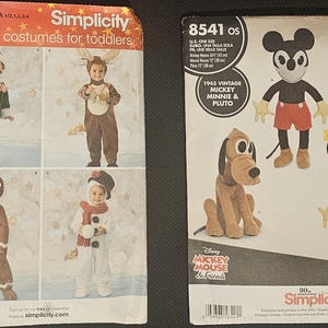 Simplicity #2537 Costume Patterns for Toddlers, #8541, Retro Disney 90th Anniversary Mickey, Minnie Mouse, and Pluto Stuffed Toy, UNCUT