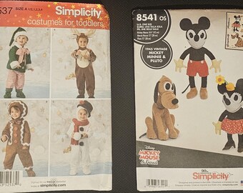 Simplicity #2537 Costume Patterns for Toddlers, #8541, Retro Disney 90th Anniversary Mickey, Minnie Mouse, and Pluto Stuffed Toy, UNCUT
