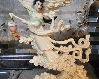 Vintage 1960s Vita Fairy of the Moon Statue Figurine, Celluloid Decor, Cast Resin, No. 812, Made in Hong Kong