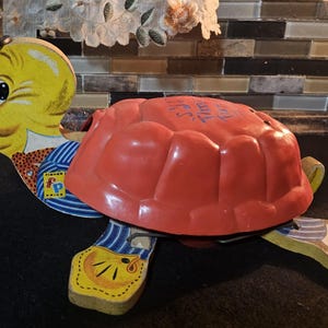 Vintage 1953 Fisher Price Timmy Turtle, Musical Pull Toy, #150, Hard Plastic Shell, Wood Body, Moving Legs, Music Plays as as it Rolls Along
