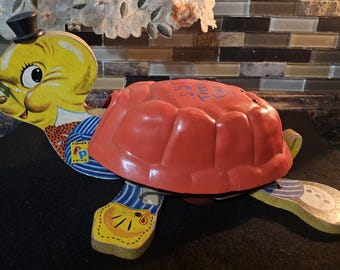 Vintage 1953 Fisher Price Timmy Turtle, Musical Pull Toy, #150, Hard Plastic Shell, Wood Body, Moving Legs, Music Plays as as it Rolls Along