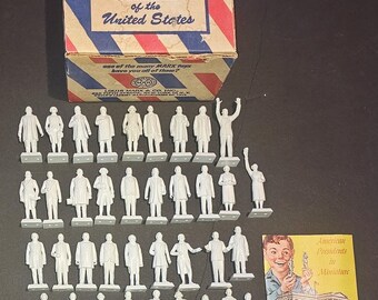 Vintage 1950's Louis Marx & Co. Inc. - The Presidents of the United States, American Presidents, Marx Mini Statues, Manual, Box -36 pieces