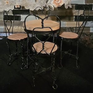 Vintage 1990s Doll House Ice Cream Parlor Table & Heart Back Chairs, Bistro Set w/4 Chairs