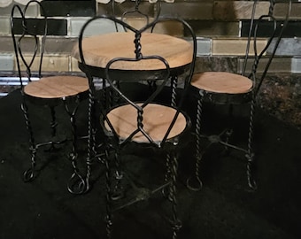 Vintage 1990s Doll House Ice Cream Parlor Table & Heart Back Chairs, Bistro Set w/4 Chairs